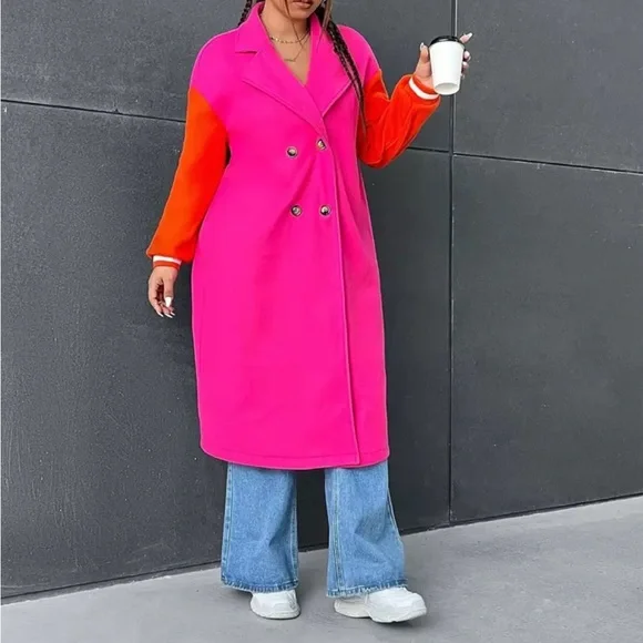 Bold Pink and Orange Trench Coat with Oversized Fit - Picture 4 of 15